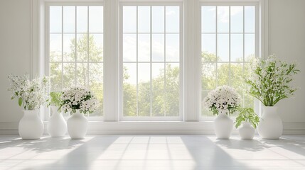 A bright room featuring two expansive windows with elegant white vases of flowers, creating a peaceful and airy atmosphere.