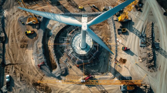 Aerial view of wind turbine construction with multiple cranes and workers
