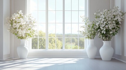 A bright room featuring two expansive windows with elegant white vases of flowers, creating a peaceful and airy atmosphere.