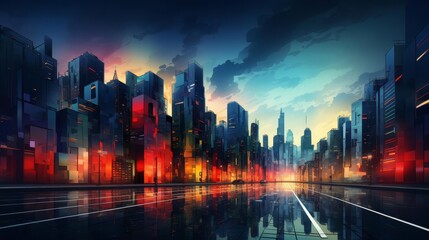 Obraz premium Chaotic flat design, side view, dystopian cityscape theme, 3D render, Triadic Color Scheme