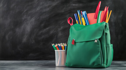 "Vibrant yellow backpack filled with essential school supplies, displayed on a blue background in a flat lay composition, representing the concept of back to school and preparation for the new academi