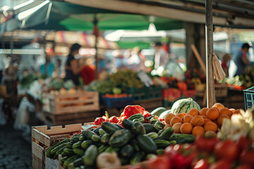 Outdoor market with fresh vegetables and vibrant produce on display.