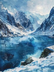 Naklejka premium Mountain lake in snowy landscape