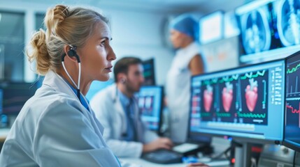 Scientist supervises EKG display showing athlete's heart data during treadmill exercise in lab