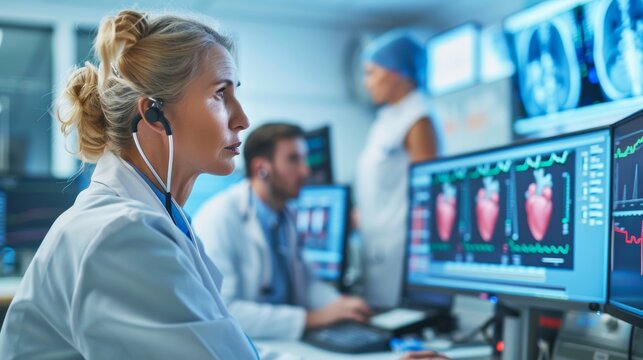 Scientist supervises EKG display showing athlete's heart data during treadmill exercise in lab