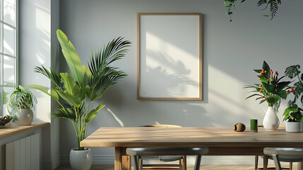 A modern dining room with a wooden table, chairs, and plants. A large frame is on the wall, with a shadow of a plant cast on it.