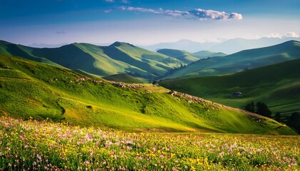Sun-kissed alpine meadow stretches towards distant mountains, a green carpet under a vast sky