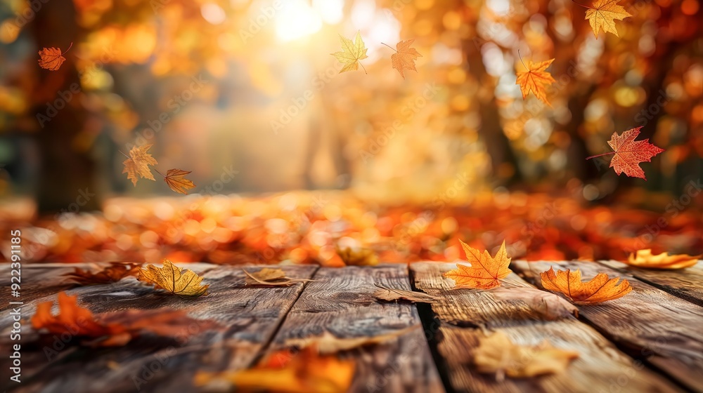 Poster rustic wooden table with blurred autumn background and golden yellow old leaves, autumn table backgr