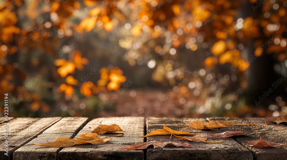 Poster rustic wooden table with blurred autumn background and golden yellow old leaves, autumn table backgr