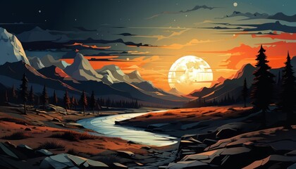 Composite flat design, side view, hybrid landscape theme, cartoon drawing, Splitcomplementary color scheme