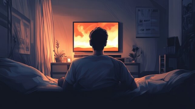 A man sitting on a bed watching tv with fire in the background, AI