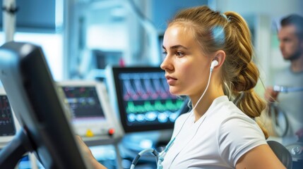 Sport scientist analyzes EKG status as female athlete runs on treadmill with electrodes.