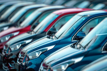 Obraz premium New Cars Lined Up on a Dealership Lot