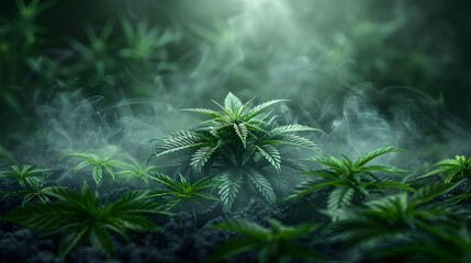 Naklejka premium Marijuana leaves on a smoke background, close up top view on cannabis leaves and branches on smoke background for alternative medical and marketing design concept
