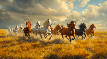 Fototapeta premium Wild Mustang Horses Galloping in Stunning Midwest Prairie Landscape with Dramatic Sky