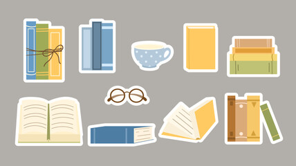 Set of stickers with different books. Сozy reading set, cup and reading glasses. Stacks of books and open books. Textbooks for education. Hand drawn, flat, vector illustration.