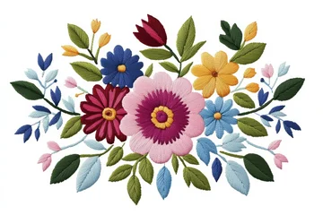 Intricate Polish floral embroidery pattern featuring colorful flowers and leaves on a white background