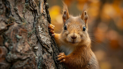 Obraz premium A very cute squirrel close-up peeks out from behind a tree