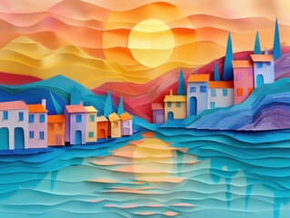 Fototapeta premium Origami Paper Illustration of Óbidos Lagoon at Sunset