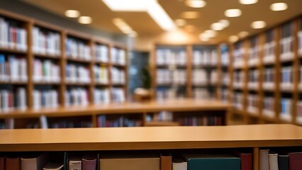 Abstract blurry interior environment of a public library with a room with bookshelves