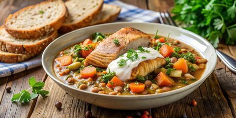 Hearty salmon and lentil stew served with crusty bread and carrots, topped with fresh parsley and a dollop of creamy sour cream, perfect comfort food.