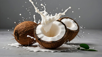 Coconut, water splash, tropical palm leaves, tropical drink, white background, Coconut milk splash with leaves isolated