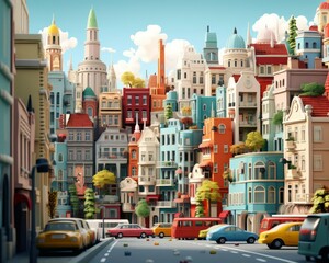 Obraz premium Crowded flat design, side view, city street theme, 3D render, vivid