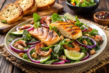 Fresh salmon and avocado salad with mixed greens, red onion, and balsamic vinaigrette, paired with grilled shrimp and toasted pine nuts, served with crusty bread.