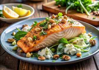 Freshly grilled salmon fillet served on top of a bed of roasted fennel, mixed greens, and crumbled blue cheese, garnished with toasted walnuts and citrus.