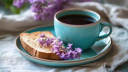 Fototapeta premium A cozy breakfast setup with a blue coffee cup, a slice of toast on a plate, and a sprig of purple flowers for decoration.