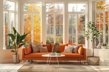 Cozy living room with orange sofa and large windows overlooking autumn landscape