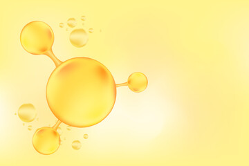 Gold oil or collagen molecule formula, with gold liquid particles, bubbles pattern. Hyaluronic acid serum chemical formula background with copy space. Beauty treatment nutrition.
