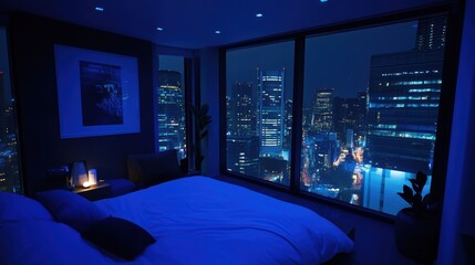 A bedroom with a large bed and city lights in the window, AI