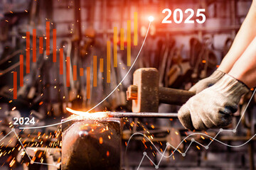 A man is hammering a piece of metal in a workshop,2025 concept
