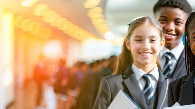 Group of smiling schoolchildren in uniform standing in hallway getting ready for school day. Light from window