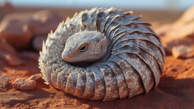 An Ouroborus cataphractus, also known as an armadillo girdled lizard, demonstrating its unique defense mechanism by biting its tail and forming a protective ring. The background is a red desert.