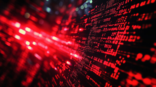 Red Glowing Computer Code With Blurred Lights. A Dramatic visualization of a cyber attack