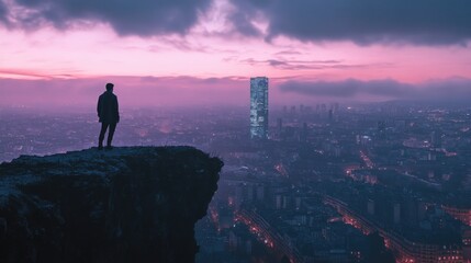 Fototapeta premium Man on cliff overlooking city