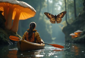 Magical concept, kayaker girl navigates tranquil forest stream, surrounded by towering mushrooms and butterfly overhead