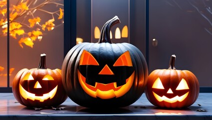 Three carved jack-o'-lantern pumpkins displayed on a table, showcasing Halloween spirit and festive decoration.