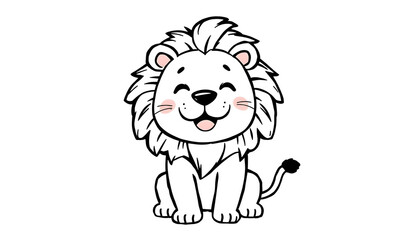 Cartoon illustration of a smiling white lion with black outline, black and white coloring pages.