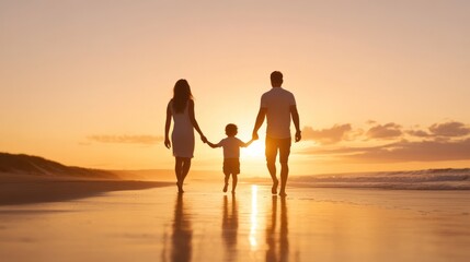 Fototapeta premium A family enjoys a peaceful sunset walk along the beach, creating lasting memories together. Love and warmth fill the scene.