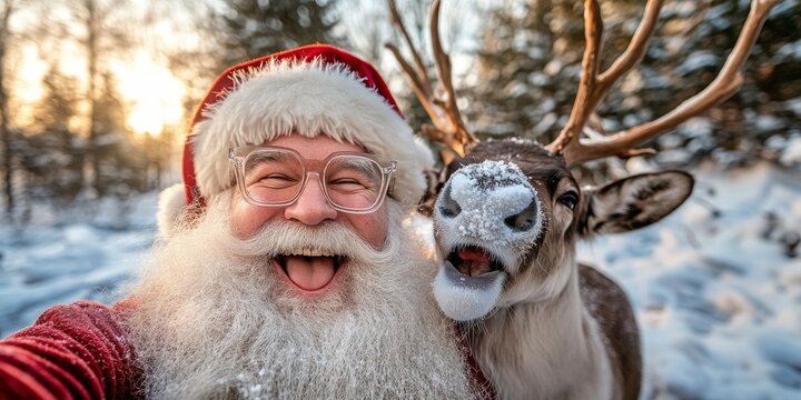 Santa and Reindeer Selfie: A jolly Santa Claus and his reindeer companion strike a playful pose for a selfie, their tongues sticking out in a lighthearted moment of Christmas cheer.