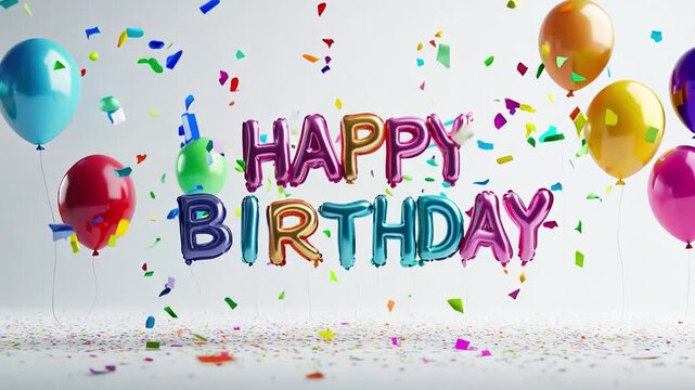 Vibrant balloons and colorful confetti create a festive mood for a birthday celebration, with a cheerful message of happiness in the center.