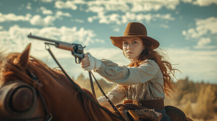Obraz premium Cowgirl on horseback aiming a revolver in a wild field.