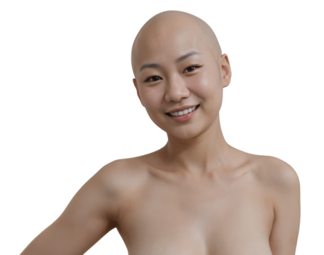 Young asian japanese woman displays confidence and joy, shaved head, showcasing her natural beauty and warmth