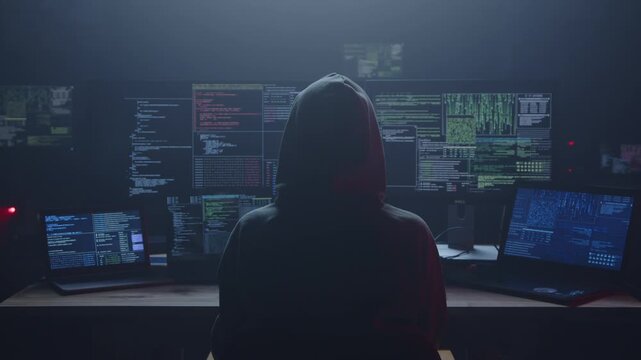 A shadowy outline of a hacker dressed in a hoodie, deeply focused on multiple screens displaying code and data
