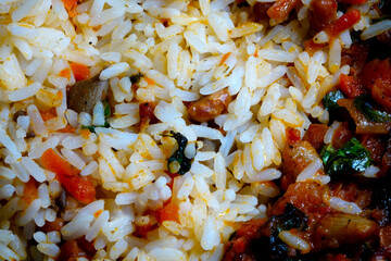 Delicious Asian Rice and Vegetable Stew Served and Textures at a Cozy Dinner Setting