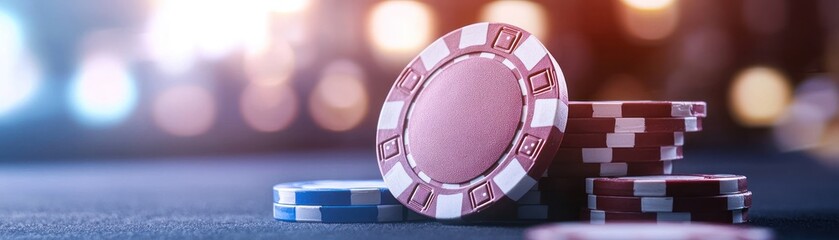 Naklejka premium Close-up of colorful casino chips stacked on a table, creating an exciting atmosphere perfect for gaming enthusiasts.