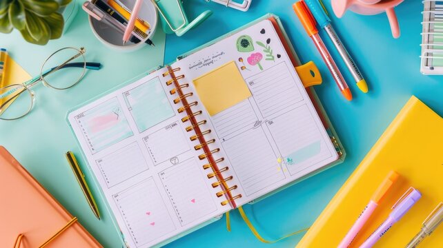 An open bullet journal with decorative stickers and colorful pens on a desk